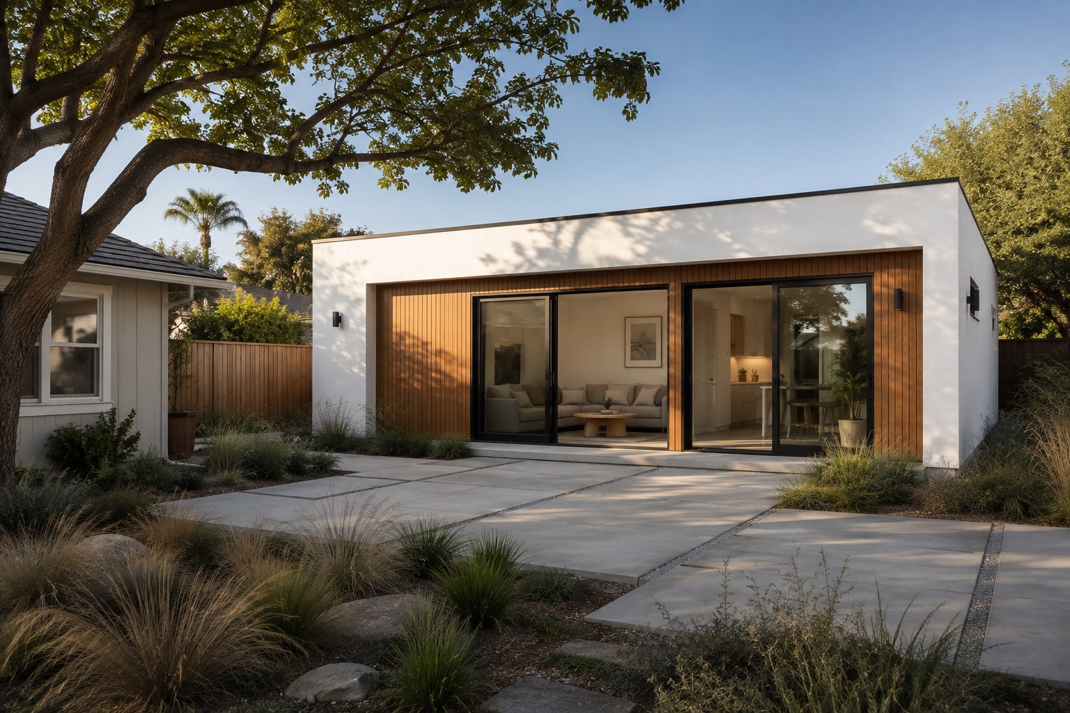 Contemporary backyard ADU design with warm timber, a planted courtyard, and indoor-outdoor living