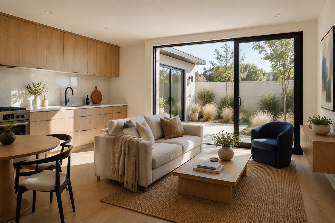 ADU interior design inspiration featuring oak cabinetry, bright living space, and a garden connection